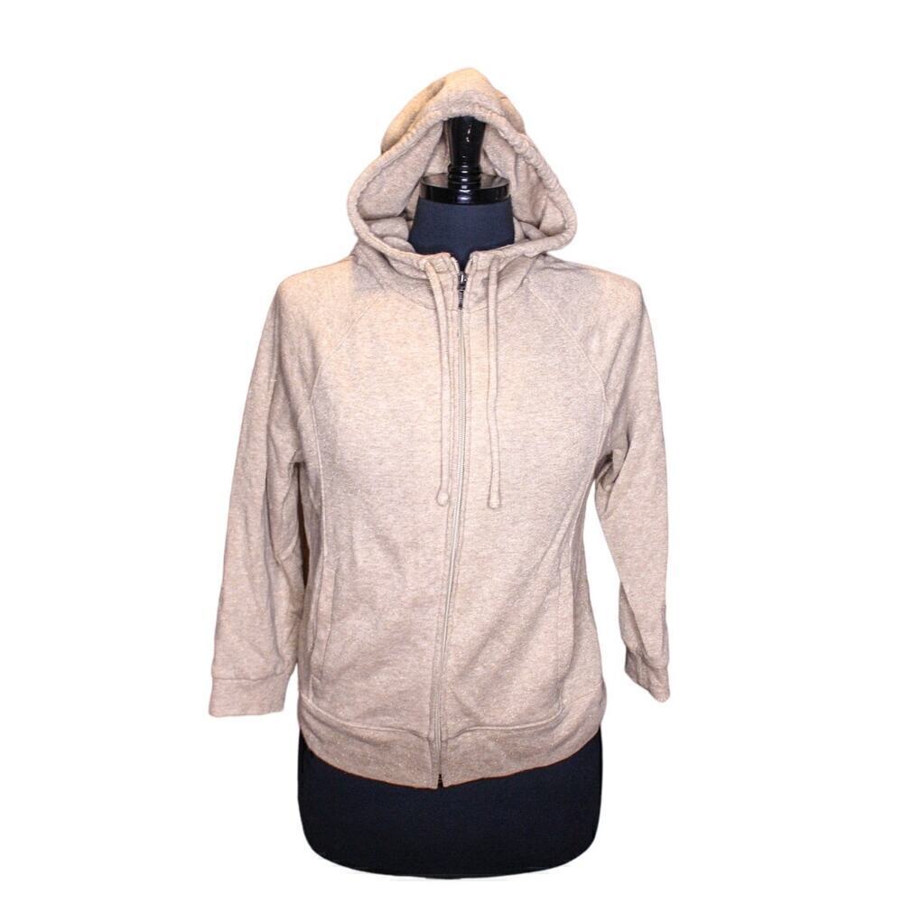 Kate Hill Tan Gold Hoodie 3/4 Length Sleeve Sweatshirt Full Zip Size M
